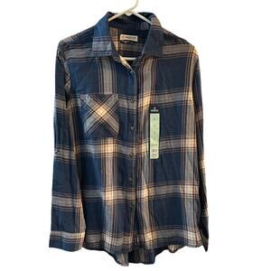 Magellan Women's Lons Sleeve Willow Creek Blue Flannel Boyfriend Fit Large